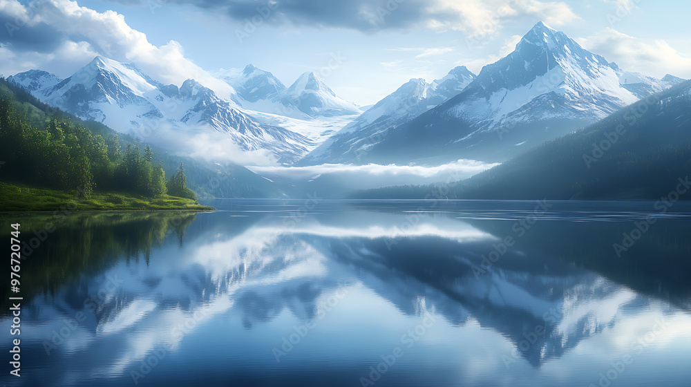 Tranquil mountain lake reflecting the surrounding peaks in quiet harmony Tranquil mountain lake reflecting the surrounding peaks in quiet harmony