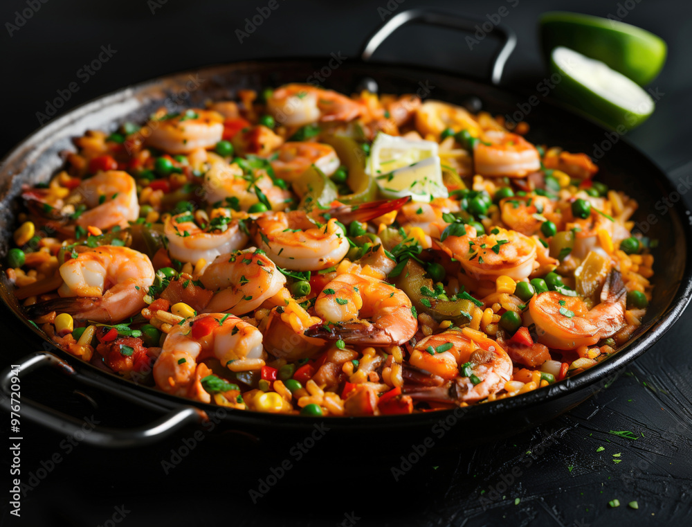 Traditional Mediterranean seafood paella in a rustic setting with direct sunlight Traditional Mediterranean seafood paella in a rustic setting with direct sunlight