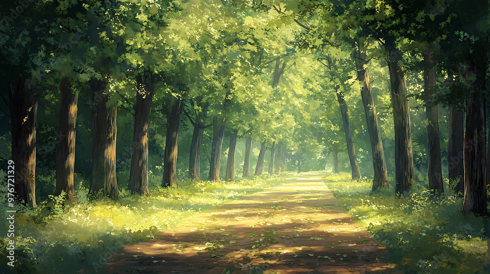 Obraz premium Calming forest pathway with sunbeams shining through leafy trees