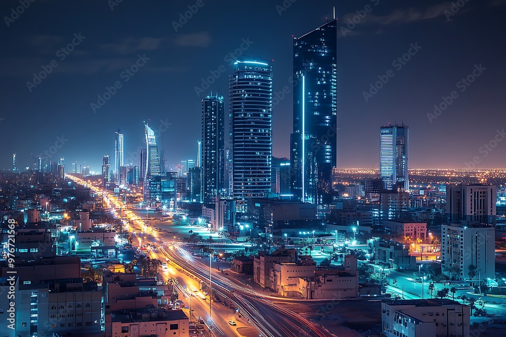Obraz premium Night view of Riyadh’s illuminated skyscrapers, modern architecture, and glowing towers highlighting the city's rapid urban growth and development.