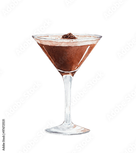 Watercolor espresso martini illustration. Alcohol long drink clipart. Glass of cocktail. Club shake beverage hand drawn illustration. Stock print.