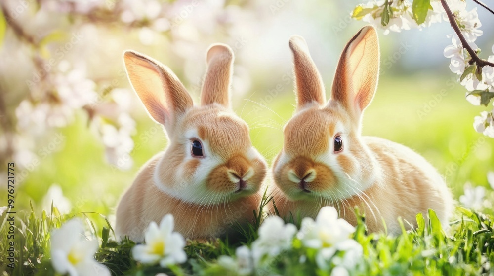 A couple of rabbits sitting next to each other on a lush green field A couple of rabbits sitting next to each other on a lush green field