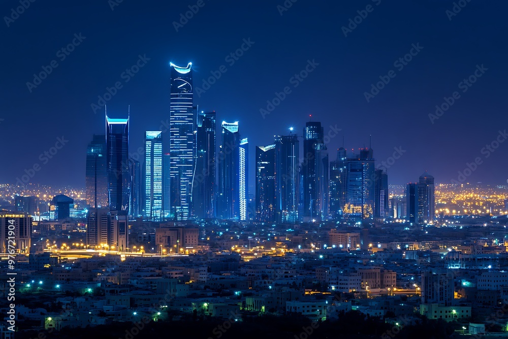 Fototapeta premium Night view of Riyadh’s illuminated skyscrapers, modern architecture, and glowing towers highlighting the city's rapid urban growth and development.