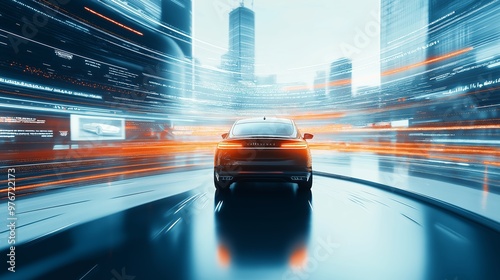 Dynamic futuristic car speeding through a vibrant cityscape with motion blur and glowing lights, representing speed and technology.