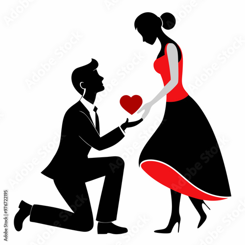 Silhouette of a man kneeling while proposing to a woman, holding a ring box, with a heart symbol above them, both in formal attire. The woman is in a flowing dress, The Wedding Proposal Silhouette.