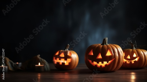 Halloween Jack O Lanterns with Candles on Wooden Table