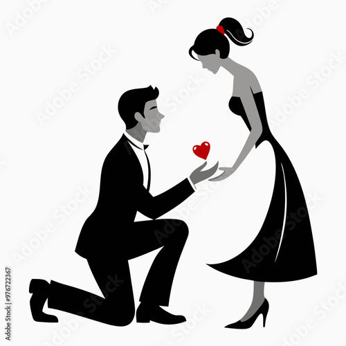 Silhouette of a man kneeling while proposing to a woman, holding a ring box, with a heart symbol above them, both in formal attire. The woman is in a flowing dress, The Wedding Proposal Silhouette.