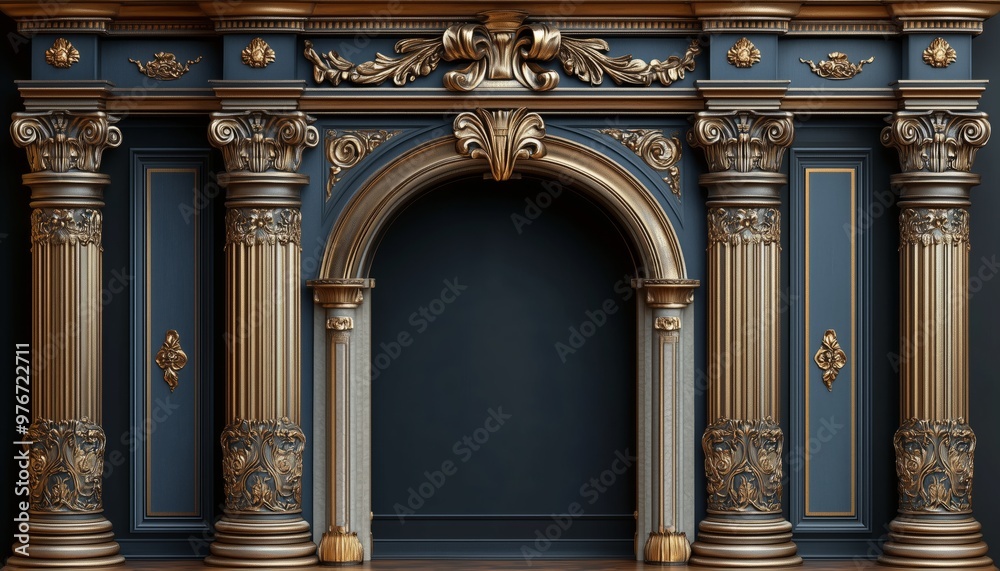 Obraz premium Ornate Gold and Blue Architectural Columns with an Arched Opening