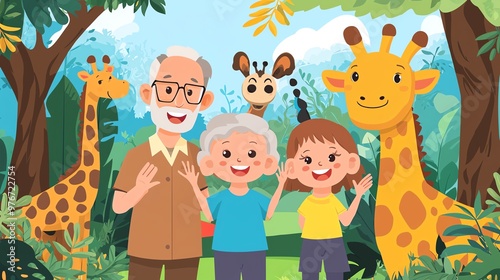 Grandparents with grandchildren at the zoo, flat design, front view, animal encounter theme, cartoon drawing, colored pastel