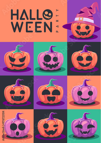 Halloween  flat party poster with cartoon smiling halloween pumpkins. Halloween spooky background. Vector illustration photo