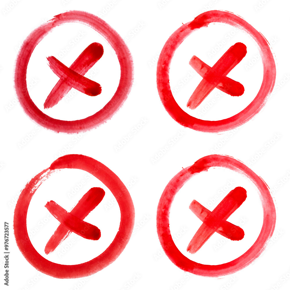 Bold hand painted red X cross mark inside a circle rough brush strokes transparent background, disapproval, choice, mistake, error, cancel incorrect symbol.