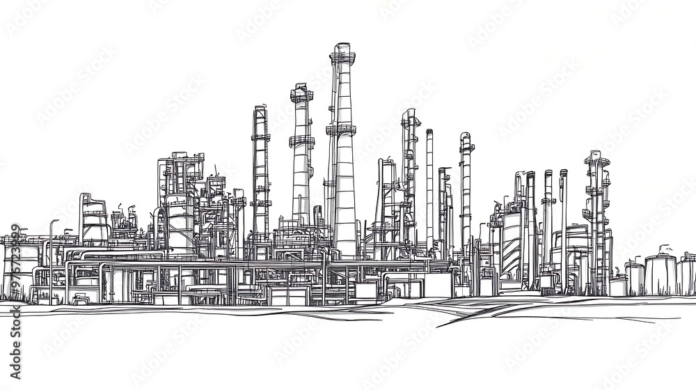 A Hand-Drawn Sketch of a Large Industrial Complex with Tall Towers and Pipes A Hand-Drawn Sketch of a Large Industrial Complex with Tall Towers and Pipes