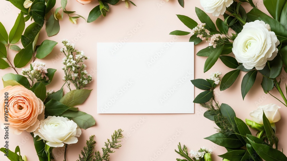 Elegant blank card surrounded by a variety of fresh flowers and foliage on a soft pink background. Elegant blank card surrounded by a variety of fresh flowers and foliage on a soft pink background.
