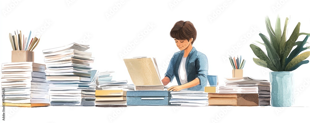 A focused individual organizing paperwork at a cluttered desk, surrounded by stacks of documents and office supplies. A focused individual organizing paperwork at a cluttered desk, surrounded by stacks of documents and office supplies.