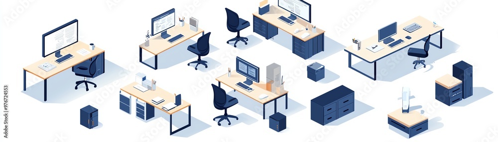 A modern office layout featuring desks, chairs, monitors, and storage, showcasing a productive workspace environment. A modern office layout featuring desks, chairs, monitors, and storage, showcasing a productive workspace environment.