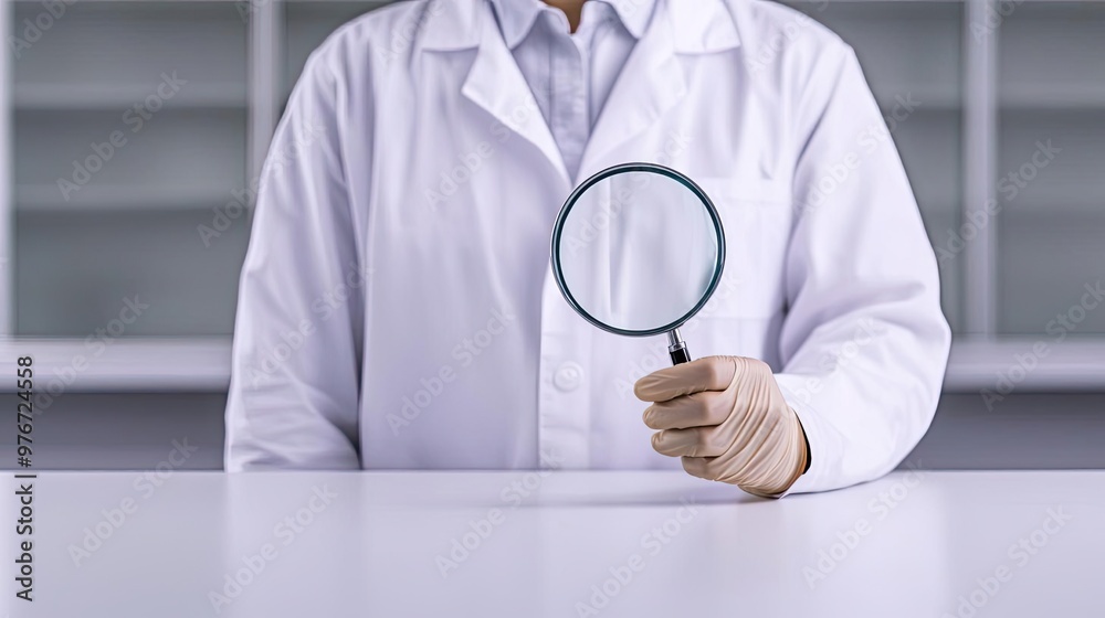 A scientist in a lab coat examines with a magnifying glass, symbolizing research and discovery in a scientific environment. A scientist in a lab coat examines with a magnifying glass, symbolizing research and discovery in a scientific environment.