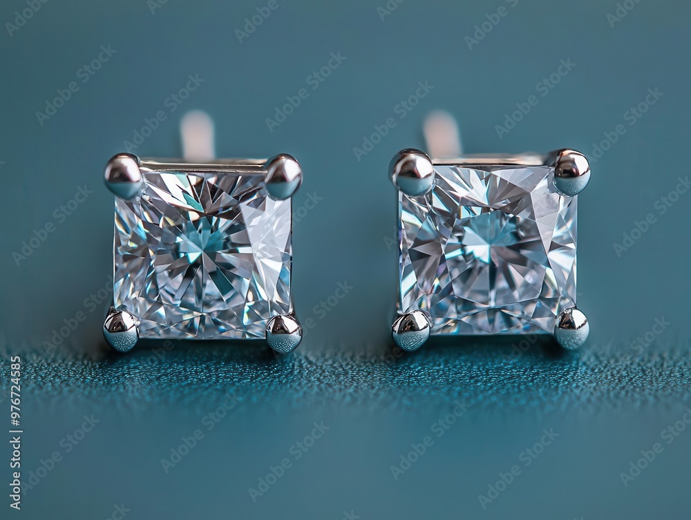 Fototapeta premium Square diamond earrings isolated, each faceted gemstone sparkling with clarity and brilliance square-cut earrings, gemstone, faceted