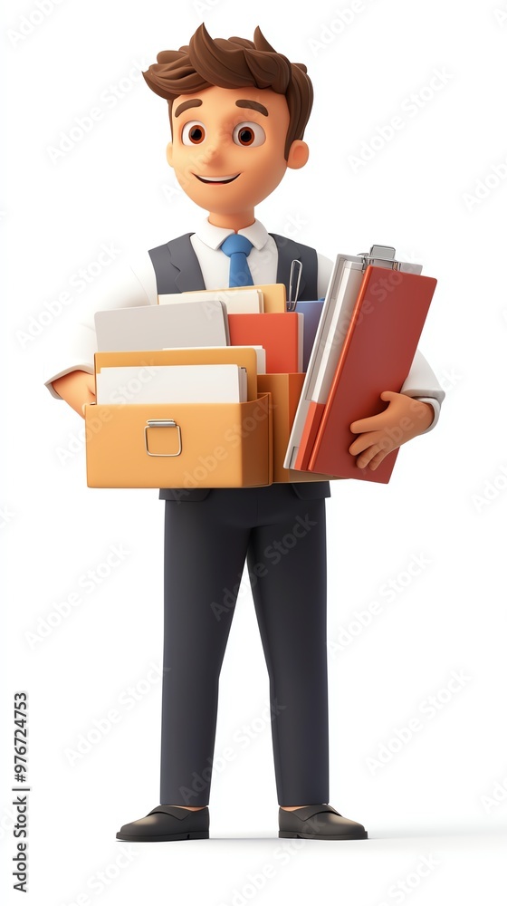 A professional character holding office supplies and documents, perfect for business or corporate themes. A professional character holding office supplies and documents, perfect for business or corporate themes.
