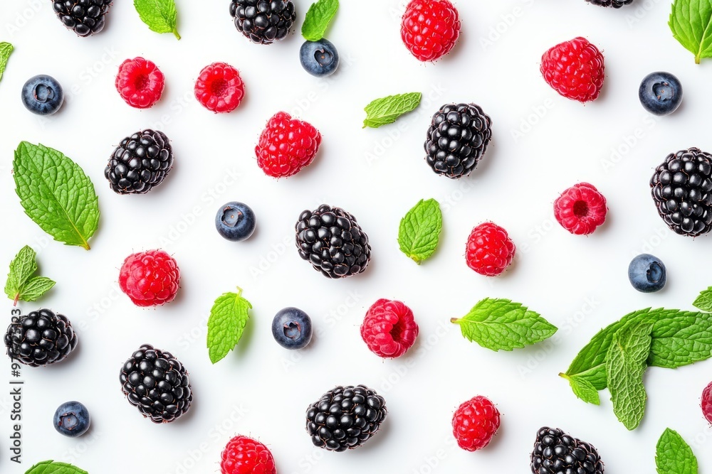 A vibrant collection of assorted berries including raspberries, blackberries, and blueberries scattered among fresh mint leaves. Ideal for healthy food concepts. Generative AI A vibrant collection of assorted berries including raspberries, blackberries, and blueberries scattered among fresh mint leaves. Ideal for healthy food concepts. Generative AI