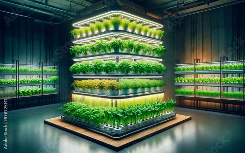 Vertical farming setup showcasing lush green plants growing in a soil-less hydroponic system with nutrient-rich water, under artificial LED lighting, representing sustainable agriculture technology