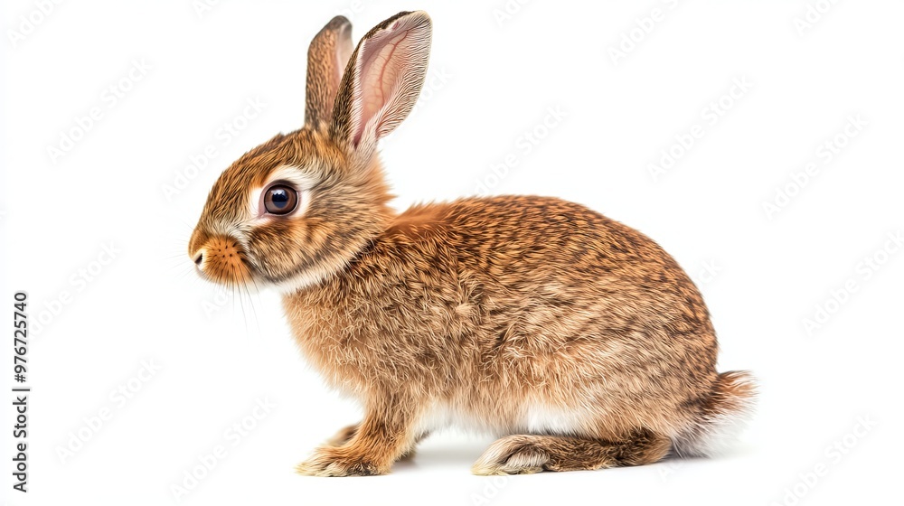 A sweet, eight-week-old brown rabbit sits on a white background, looking to the side. A sweet, eight-week-old brown rabbit sits on a white background, looking to the side.