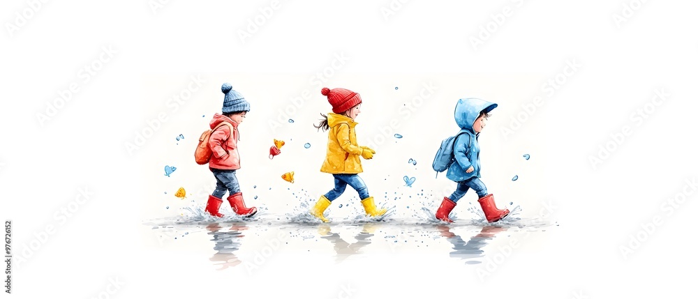 Children enjoying a rainy day, dressed in colorful jackets and boots, splashing through puddles with joy. Children enjoying a rainy day, dressed in colorful jackets and boots, splashing through puddles with joy.