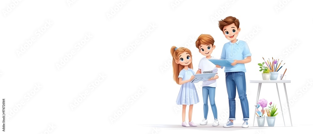 A cheerful family stands together, engaging with art supplies and plants, promoting creativity and bonding. A cheerful family stands together, engaging with art supplies and plants, promoting creativity and bonding.
