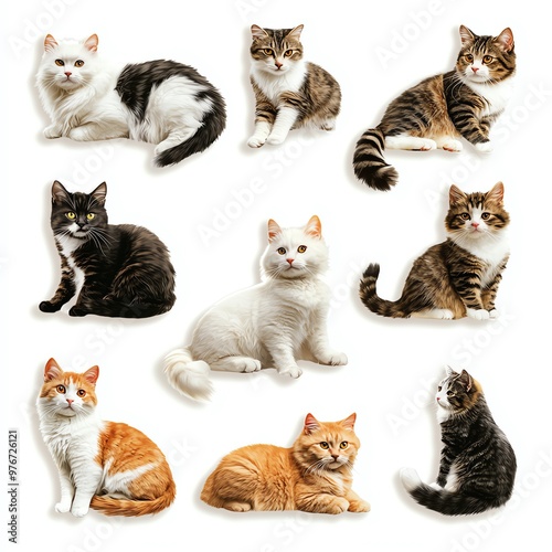 A collection of adorable cats in various colors and postures, perfect for pet lovers and animal enthusiasts. photo