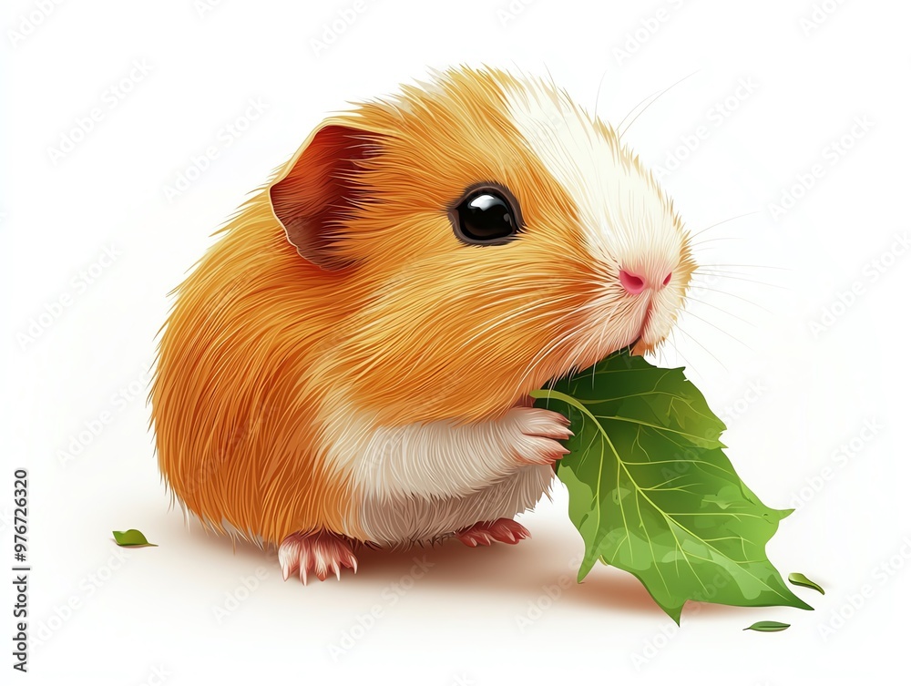 A cute and fluffy guinea pig nibbling on a fresh green leaf, showcasing its adorable features and vibrant colors. A cute and fluffy guinea pig nibbling on a fresh green leaf, showcasing its adorable features and vibrant colors.