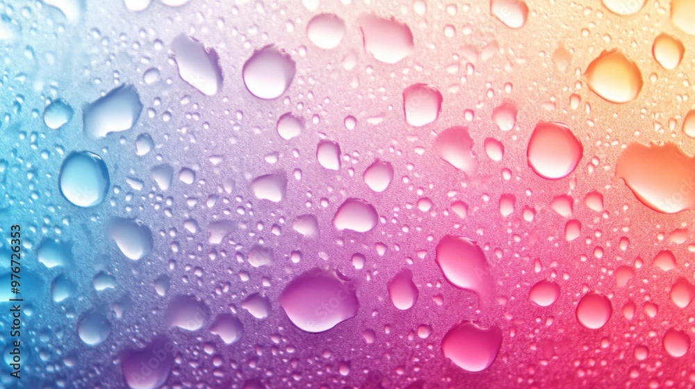 Vibrant close-up of colorful water droplets on glass surface in gradient light Vibrant close-up of colorful water droplets on glass surface in gradient light