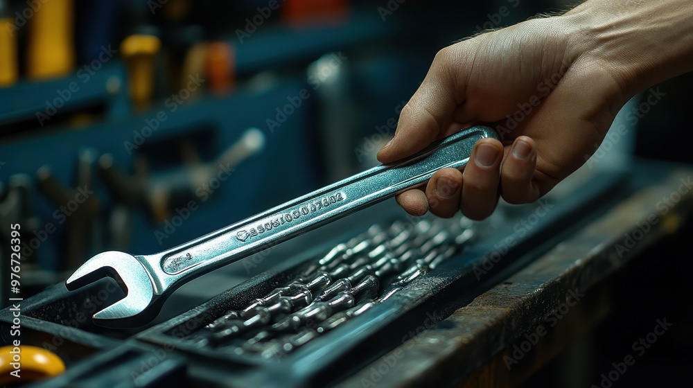 Fingers grabbing a wrench from a toolbox Fingers grabbing a wrench from a toolbox