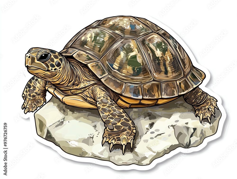 Fototapeta premium A detailed illustration of a tortoise resting on a rock, showcasing its textured shell and calm demeanor.