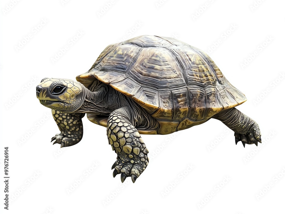 Fototapeta premium A majestic tortoise walking gracefully on a white background, showcasing its unique shell and intricate patterns.