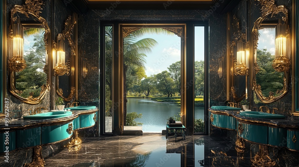 Obraz premium Tranquil Elegance: Luxurious Turquoise Sink Restroom with Golden Mirrors - Perfect for Sporty Interior Posters Showcasing Natural Beauty and Opulence