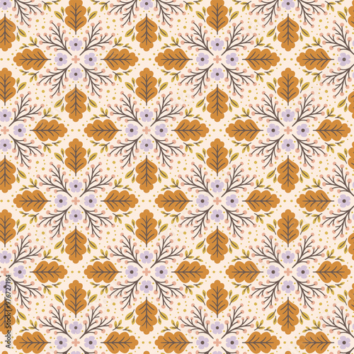 Autumnal geometrical pattern with different leaves. Symmetrical pattern design. Vector illustration.