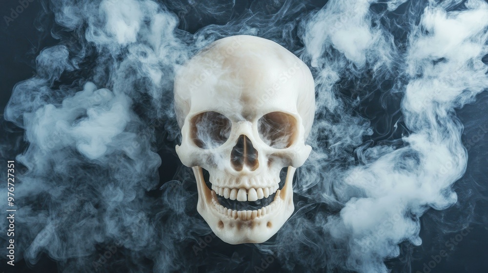 A haunting skull shrouded in swirling smoke creates an air of mystery, set against a shadowy backdrop for dramatic effect. A haunting skull shrouded in swirling smoke creates an air of mystery, set against a shadowy backdrop for dramatic effect.