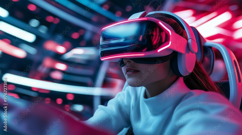 Woman using virtual reality headset in a futuristic gaming environment with neon lights and immersive technology. Woman using virtual reality headset in a futuristic gaming environment with neon lights and immersive technology.