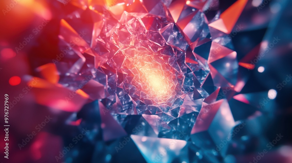 Abstract geometric shapes creating a vibrant vortex of glowing colors and light reflections Abstract geometric shapes creating a vibrant vortex of glowing colors and light reflections