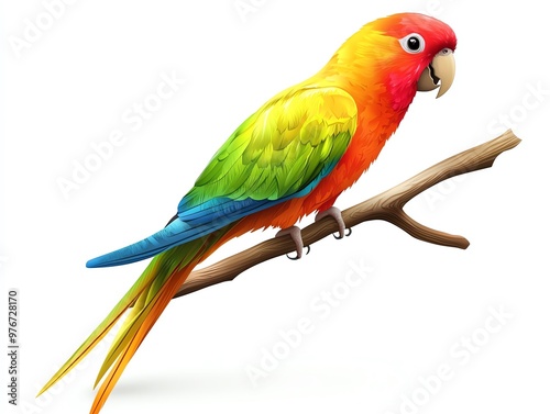 A vibrant parrot perched on a branch, showcasing a stunning array of colorful feathers, ideal for nature and wildlife themes.