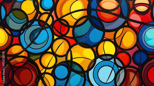 Abstract background with colorful overlapping circles and lines.