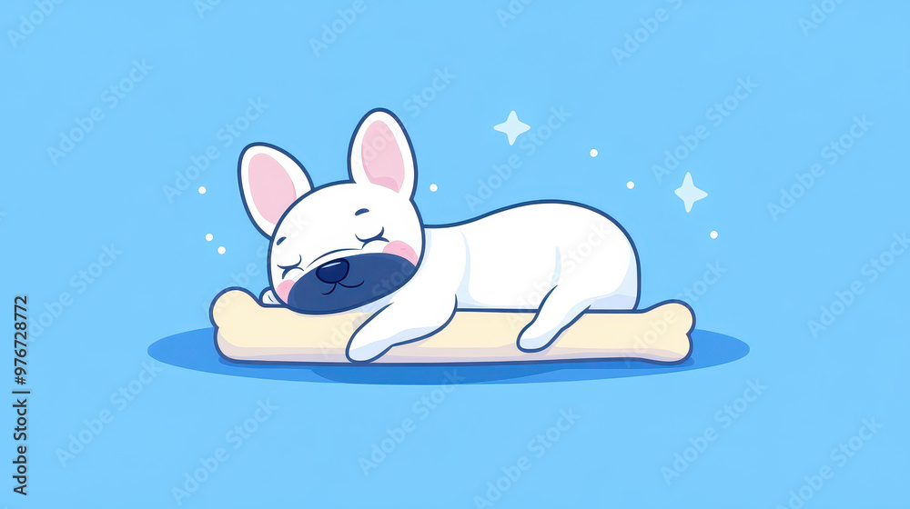 A delightful doodlestyle logo of a charming French Bulldog puppy snoozing on a cozy bone pillow, bursting with personality. A delightful doodlestyle logo of a charming French Bulldog puppy snoozing on a cozy bone pillow, bursting with personality.