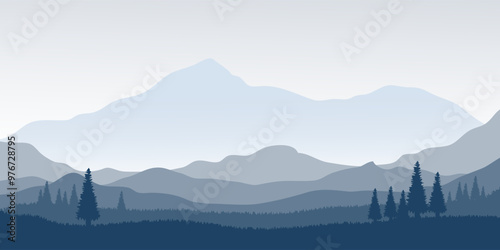 Mountain panorama vector illustration. Serene landscape with layered mountain silhouettes, pine trees, and a reflective lake..