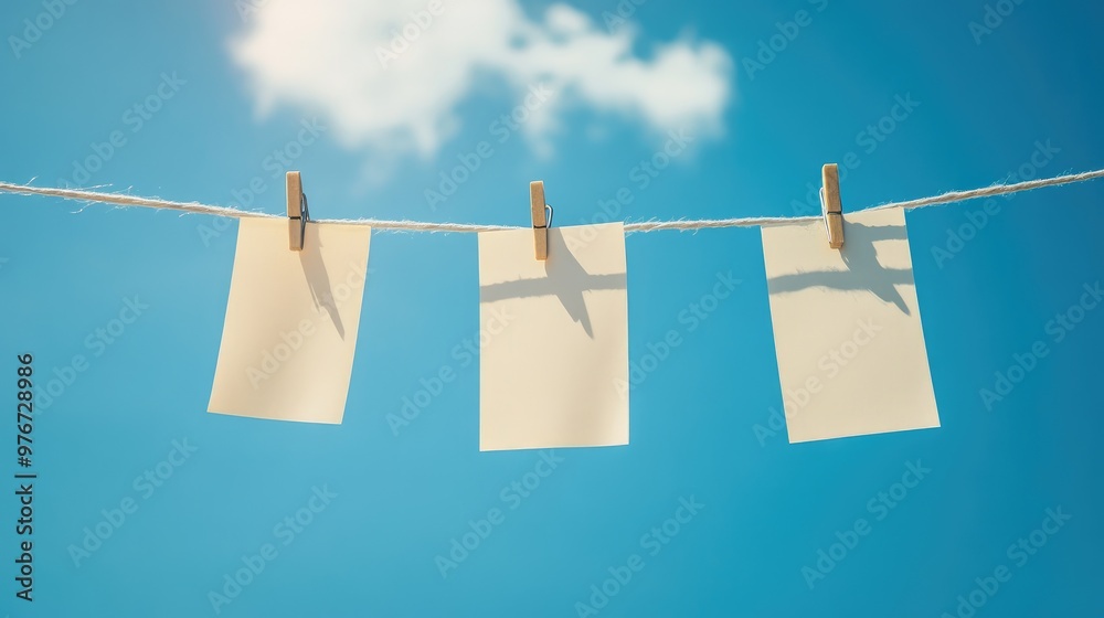 Blank paper note hanging from a clothesline against a blue sky, with clothespins casting shadows on the paper. Blank paper note hanging from a clothesline against a blue sky, with clothespins casting shadows on the paper.