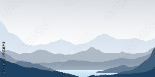 Mountain panorama vector illustration. Serene landscape with layered mountain silhouettes, pine trees, and a reflective lake..