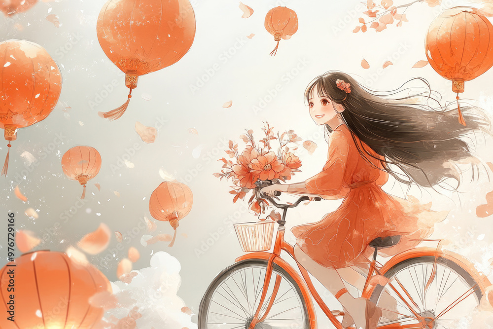 The girl wearing a red dress rides a bicycle The girl wearing a red dress rides a bicycle