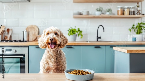 Dog Sitting at Kitchen Counter with Bowl of Food