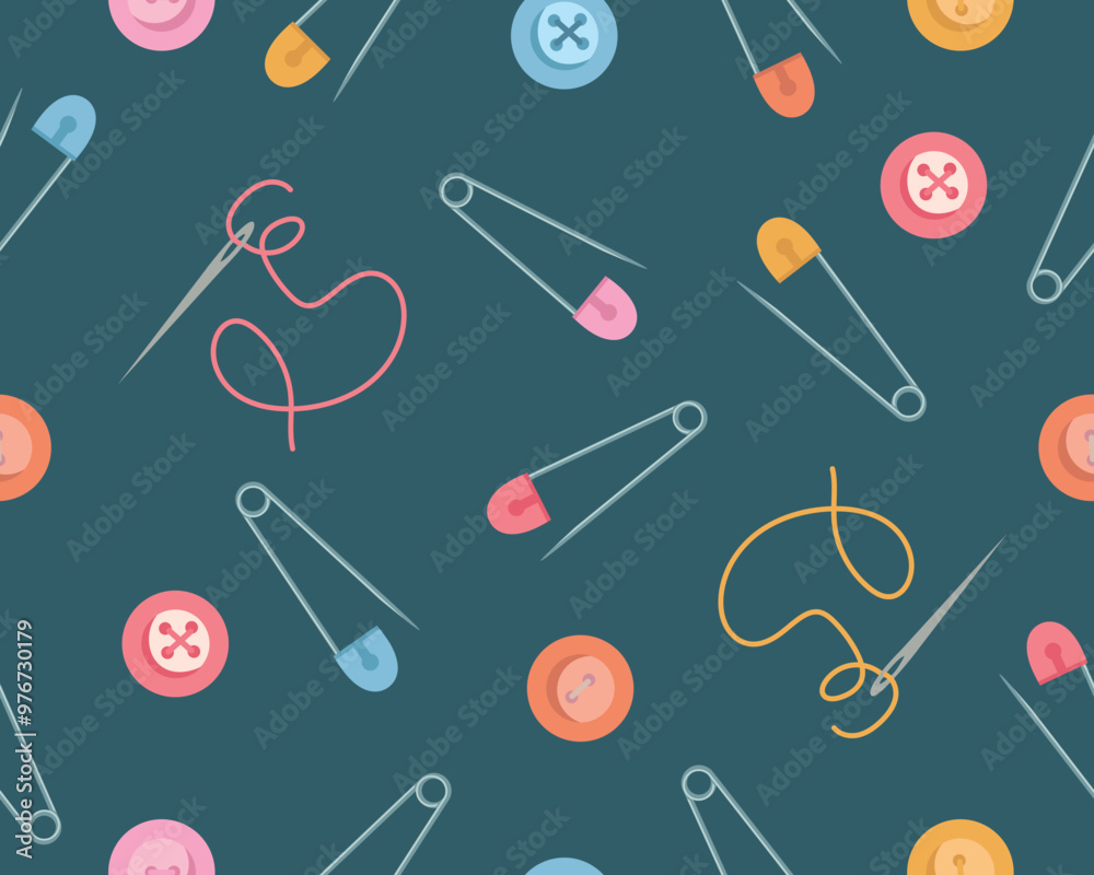 Vector seamless pattern using sewing tools. Illustration of safety pins and buttons. Vector illustration Vector seamless pattern using sewing tools. Illustration of safety pins and buttons. Vector illustration