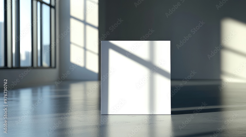 Fototapeta premium Empty white paper sign placed on a reflective glass surface, capturing the reflection and light play.