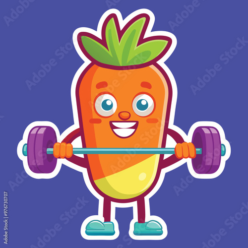 A quirky sticker illustration of a sporty carrot lifting weights