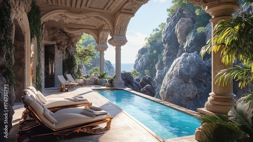 “Elevate Your Space: Stunning Balcony Poster Featuring Plush Lounge Chairs, Artistic Infinity Pool, and Luxurious Ambiance Against a Dramatic Rocky Cliff – Perfect for Home or Sports Interior Decor!” photo